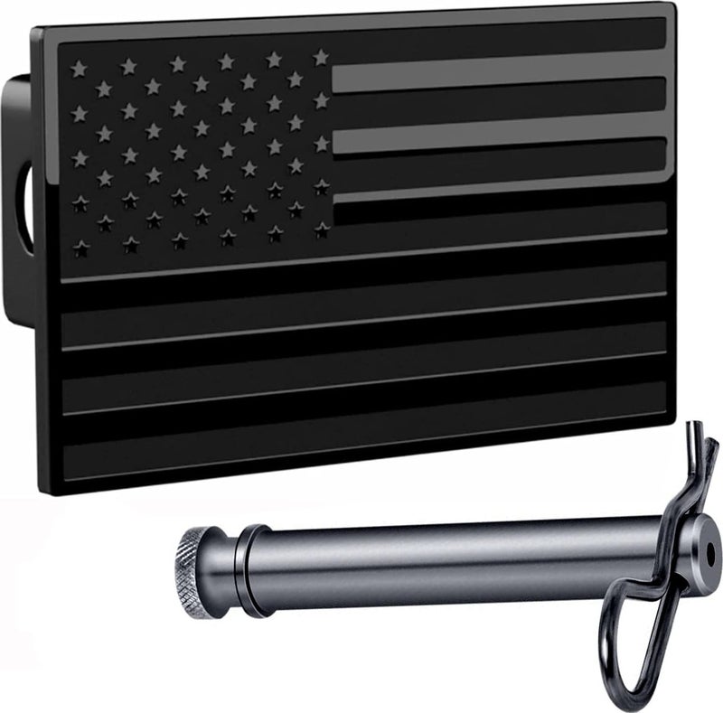 eVerHITCH 5"x3" American Black Flag Metal Hitch Cover (Fits 2.5" Receiver, Black) - Image 1